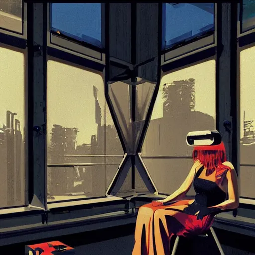 Image similar to illustration of a woman in vr headset sitting in cyberpunk room behind the window, by syd mead, greg rutkowski and ivan shishkin