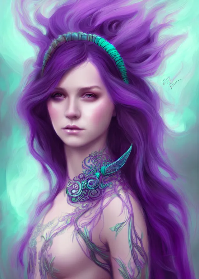 Image similar to fae teenage girl, portrait, face, long turquoise hair, purple highlights, fantasy, intricate, elegant, highly detailed, digital painting, concept art, smooth