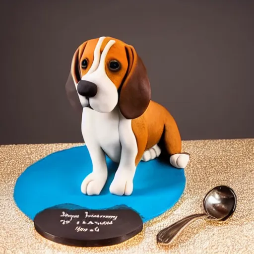 Prompt: a high quality photo of an award winning cake in the shape of a beagle, studio lighting, blue backdrop. HD