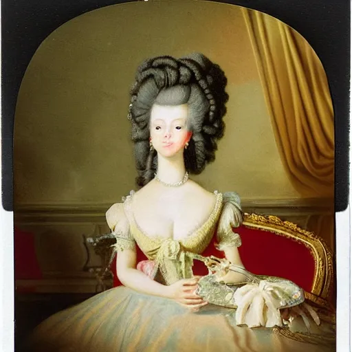 Prompt: a Polaroid of Marie Antoinette eating cake at Versailles Palace 1792, photorealistic