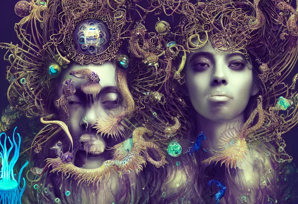 Image similar to isis goddess macro close - up portrait with crown made of ram skull + betta fish + jellyfish, bioluminiscent, plasma, wind, creature, super intricate ornaments artwork by tooth wu and wlop and beeple and greg rutkowski