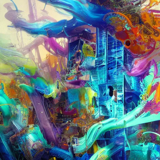 Prompt: faces, signatures, buildings, text, names, watermarks : - 5. 0 0 a brightly color, abstract, swirling, elaborate recursive large and decaying array of beauty, painted by ellen jewett as featured on conceptartworld 3 d, painted by laurie lipton as featured on conceptartworld 3 d, surreal ramifications