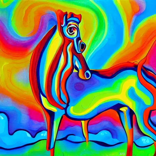 Prompt: psychedelic painting of a talking horse in the middle of a busy street, fun, colorful