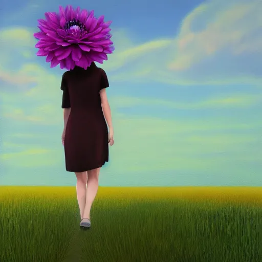 Prompt: huge flower as head, woman walking in a field, surreal, flat light, painting, digital painting, artstation, georgia o'keeffe