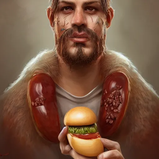 Image similar to portrait of a young rugged hot dog, extra onions and ketchup, luscious with sesame seeds, handsome, D&D, fantasy, intricate, eldritch, Viking, elegant, highly detailed, digital painting, sweaty meat, artstation, concept art, matte, sharp focus, illustration, art by Anna dittmann