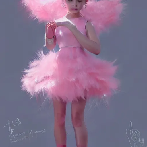 Prompt: little girl wearing an dress made of baby pink feathers, art by ilya kuvshinov, 8 k, concept art, gracious, realistic cgi