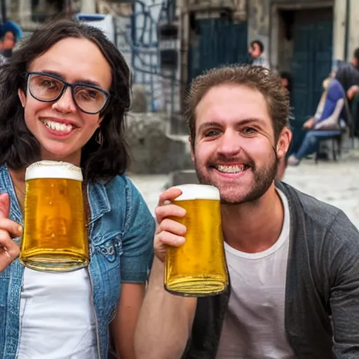 Image similar to 2 people drinking beers in lisbon