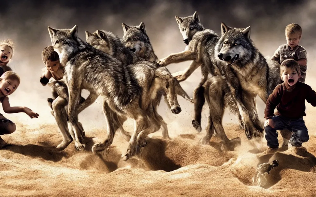 Image similar to wolfs and kids playing in the sandbox photo screen form michael bay film