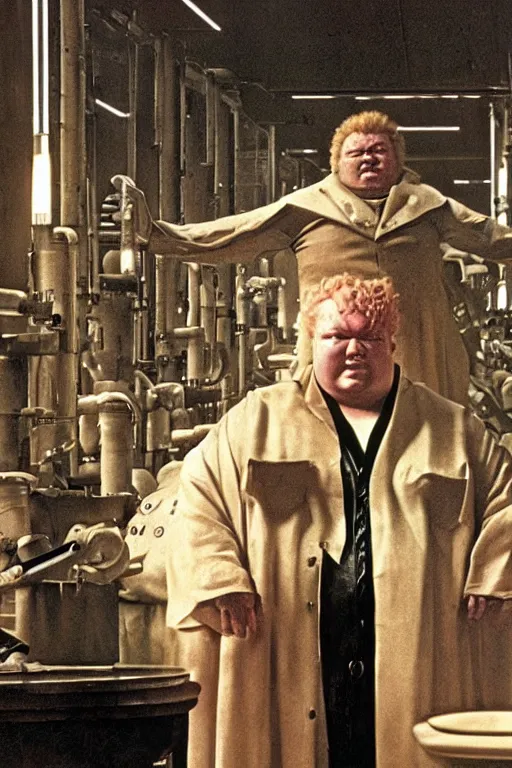 Prompt: the baron harkonnen standing in a laboratory on guidi prime, colour painting by normal rockwell, dune movie 1982