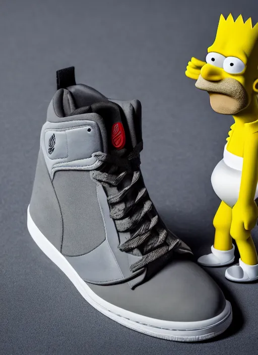 Prompt: hyperrealistic and heavy detailed product photo jordan shoe of homer simpson in front of white back drop, whole shoe is in picture, leica sl 2 5 0 mm, vivid color, high quality, high textured, real life,