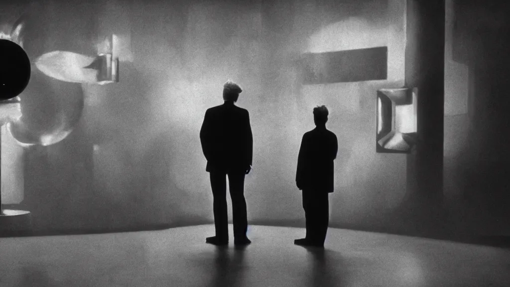 Image similar to movie scene of a man standing in front of a multiverse machine, movie still, cinematic composition, cinematic light, by David Lynch