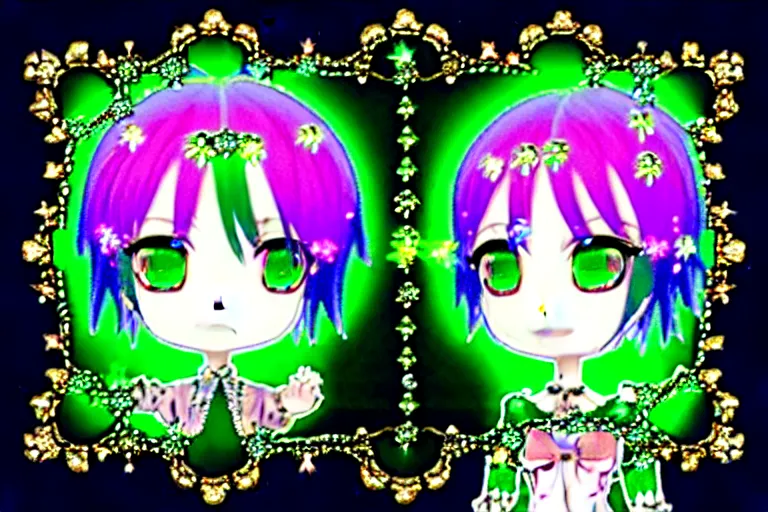 Image similar to baroque bedazzled gothic royalty frames surrounding a hologram of decora styled green haired yotsuba koiwai wearing a gothic spiked jacket, background full of lucky clovers, crosses, and shinning stars, holography, irridescent