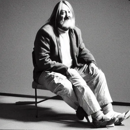 Image similar to robert wyatt with big robot cyborg legs