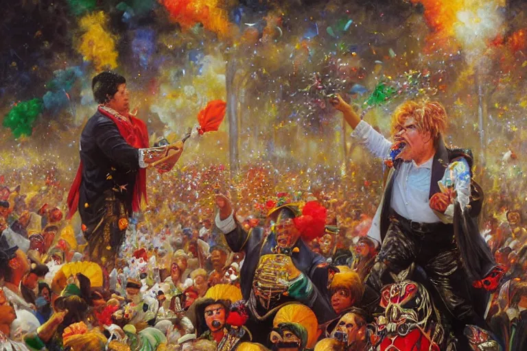 Image similar to portrait of rip taylor throwing confetti during a mexican funeral parade, an oil painting by ross tran and thomas kincade