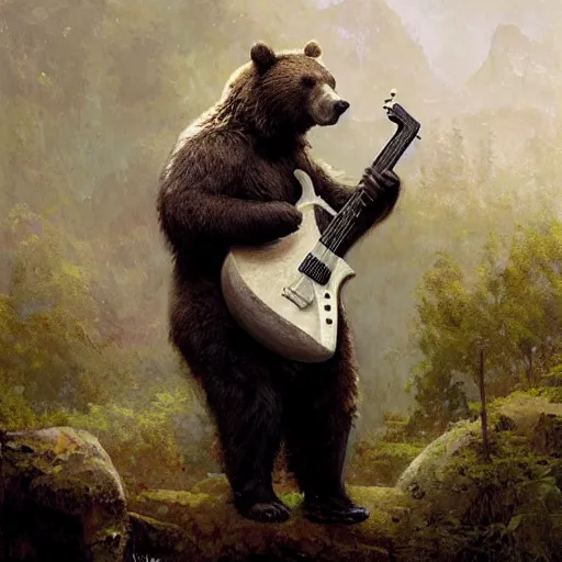 Image similar to realistic bear playing angular guitar, fantasy character portrait by Greg Rutkowski, Craig Mullins, Gaston Bussiere