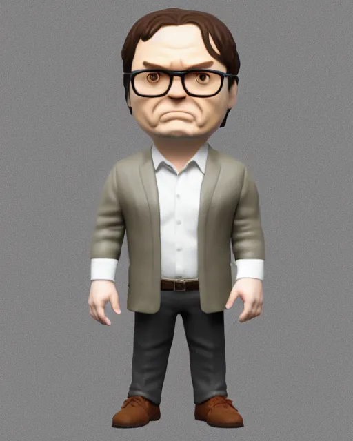 Image similar to full body 3d render of Dwight Schrute from the office as a funko pop, studio lighting, white background, blender, trending on artstation, 8k, highly detailed