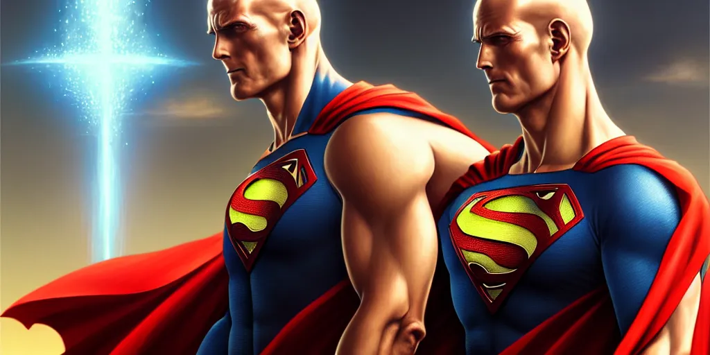 Image similar to ultra realistic illustration, handsome saitama vs superman. intricate, elegant, highly detailed, digital painting, artstation, concept art, smooth, sharp focus, illustration, art by artgerm and greg rutkowski and alphonse mucha and wlop