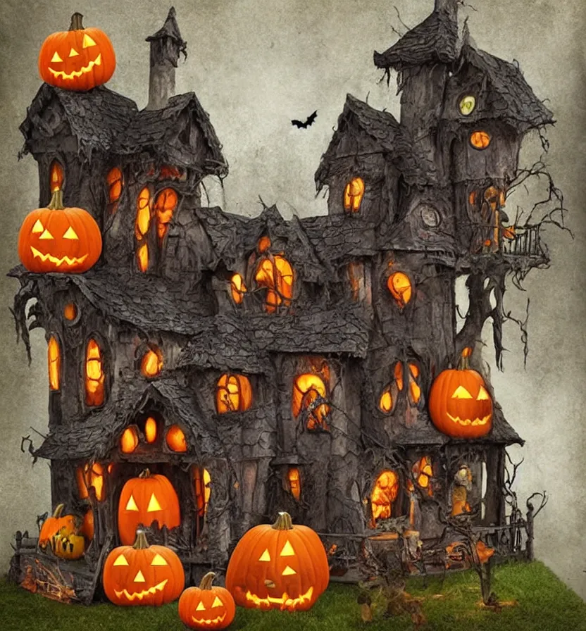 Image similar to a halloween house with pumpkins and jack - o - lantern decorations, a digital rendering by anne stokes, pinterest contest winner, gothic art, grotesque, diorama, made of cardboard