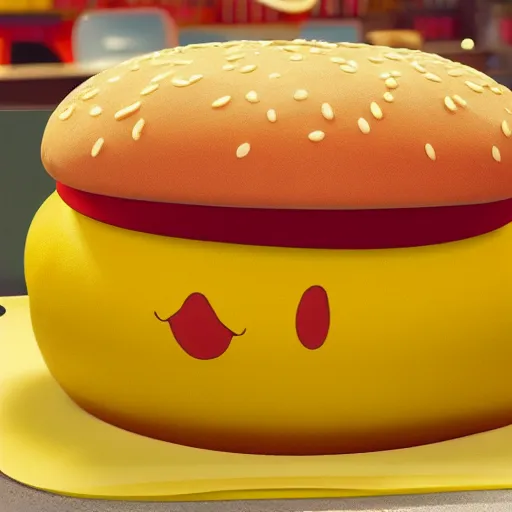 Prompt: pikachu big mac hamburger, pickachu jn the shape of hamburger, pikachu made of hamburger, by pixar, dreamworks, cg, cartoon character