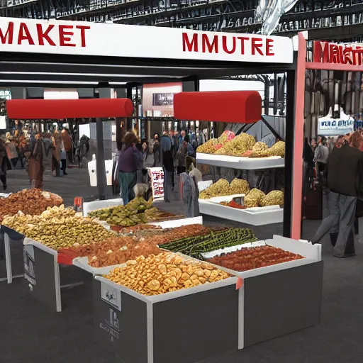 Image similar to a scene of a market stall at a trade show from the film a minority report taken from a distance, cinematic, dslr, unreal engine, hyper realistic