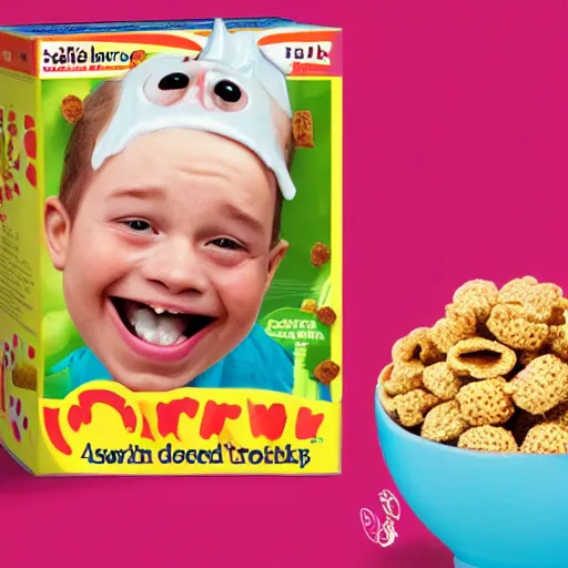 Image similar to photo of a cereal - box with a picture of a smiling broken - toothed child on the cover