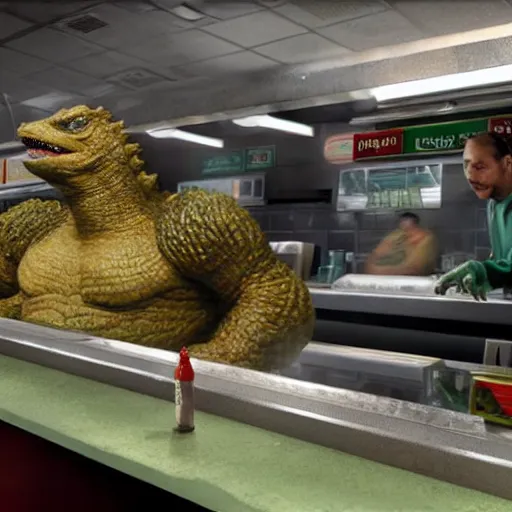 Image similar to Godzilla working at a Subway restaurant, realistic, ultra high detail.