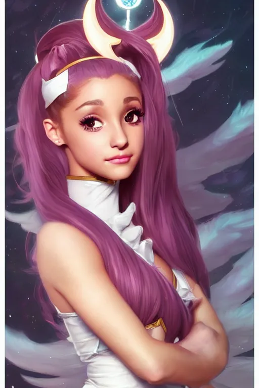 Image similar to ariana grande as sailor moon, fantasy, intricate, elegant, highly detailed, digital painting, artstation, concept art, matte, sharp focus, illustration, art by Artgerm and Greg Rutkowski and Alphonse Mucha