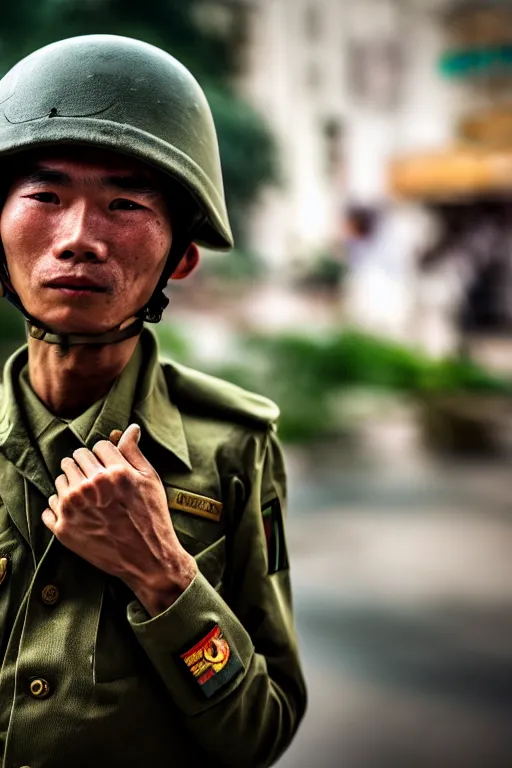 Prompt: vietnam soldier with skateboard, pulitzer award, captured by nikon d 8 5 0, 4 k, body features, face features, bokeh, by daniel berehulak and adnan abidi