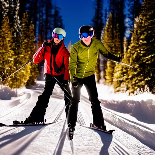 Image similar to happy couple skiing, snowfall, beautiful lighting, 4k