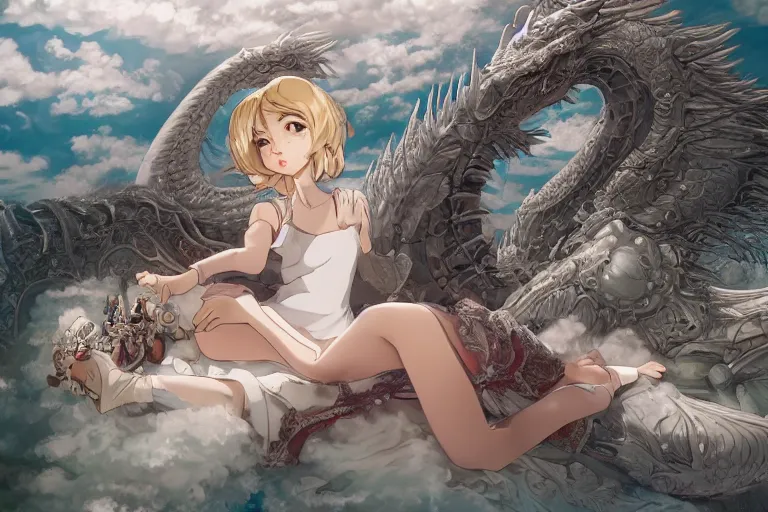 Image similar to a hyper detailed big render that beautiful princess lie on the ground be surrounded in the white clouds fairyland center by a huge silver white dragon, finely detailed angelic face, style of studio ghibli, makoto shinkai, xision, ilya kuvshinov and artgerm, kazuki tanahashi, james jean, animation style, golden curve composition, telephoto lens