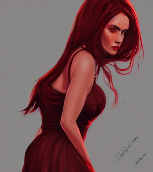 Image similar to a woman wearing a wide dress, full body shot, red hair, highly detailed, digital painting, artstation, concept art, smooth, sharp focus, illustration