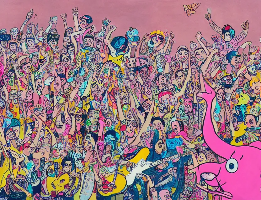 Prompt: a detailed painting of a concert by bananas with guitars while the pink elephants are stage diving in the sky in the style of artist James Jean