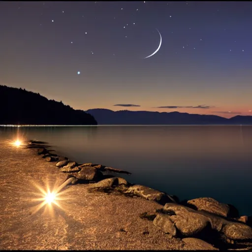 Image similar to lake of constance at night on a rocky beach with stars above and a full moon. photo trending on artstation