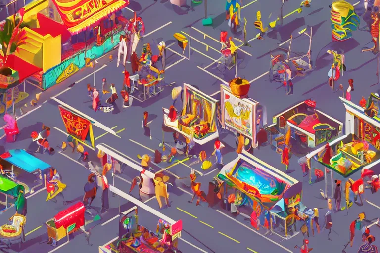 Image similar to carnival , isometric game art, white furniture, bright, artstation, highly detailed, cinematic lighting + masterpiece