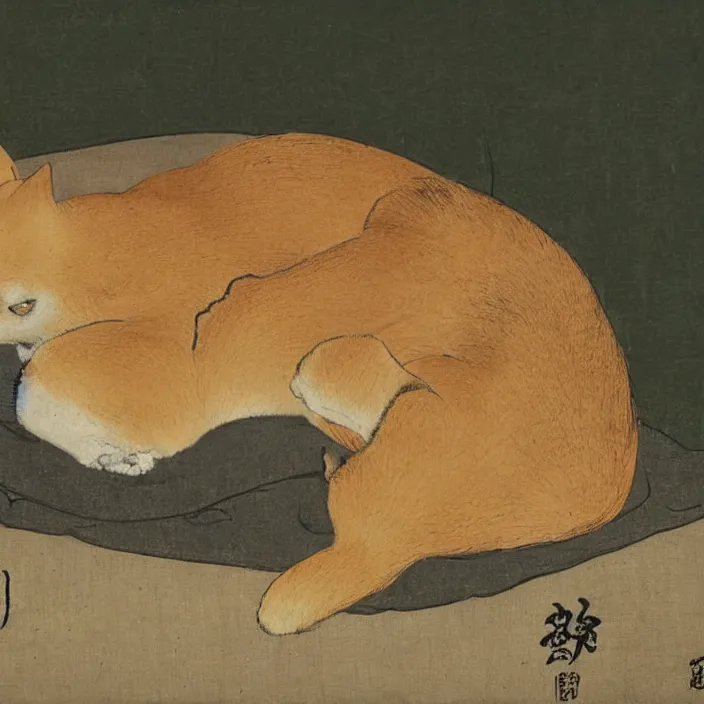 Prompt: a shiba-inu-samurai waking up from a nap, artwork on loan from the historical dog society of japan