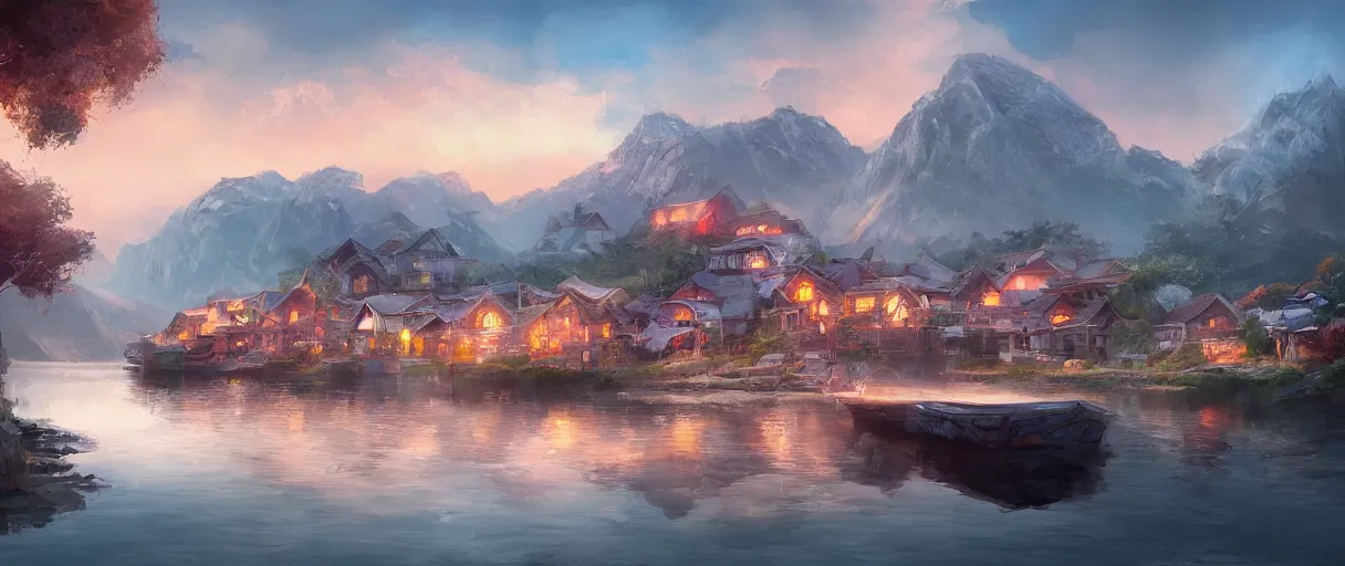 Image similar to fishing village crowded with houses around a lake, mountains in background, concept art, digital painting, style of jordan grimmer, warm lighting, futuristic, volumetric lighting, view from below, vivid colours, bright, daytime, godrays, high detail