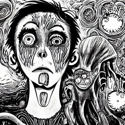 Prompt: black and white trippy comic art of a painful facial expression, hurting & uncomfortable, drawn by Martin Rowson, Tim Burton, Studio Ghibli, Alex Pardee, Nekro Petros Afshar, James McDermott, cgsociety 4K
