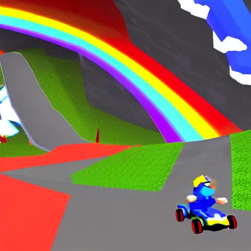 Image similar to thor on rainbow road, mario kart 6 4 screenshot, low poly, aliased