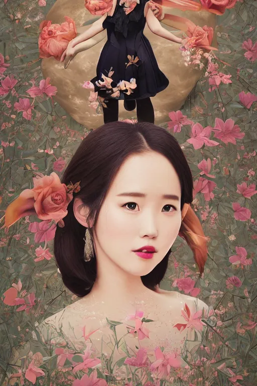 Image similar to Protrait of a Beautiful IU from Hotel del Luna, 3d blender, rule of thirds, flying over multiversal landscape, by James Jean