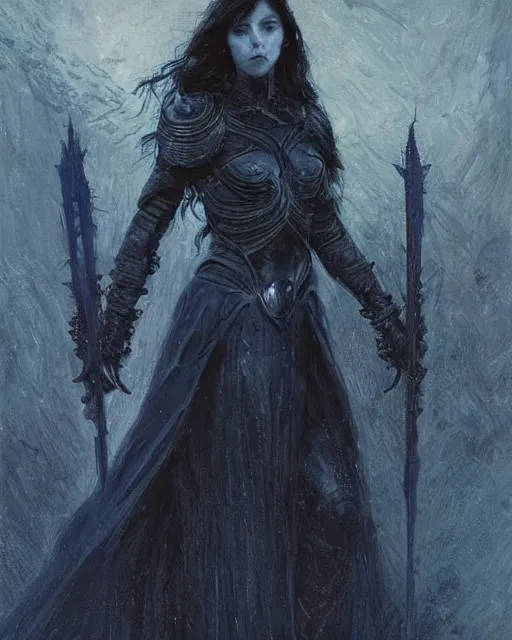 Image similar to a beautiful woman dark hair in an armor with dark eyes, elegant, dark blue, ethereal horror fantasy art by greg rutkowski and magali villeneuve and claude monet