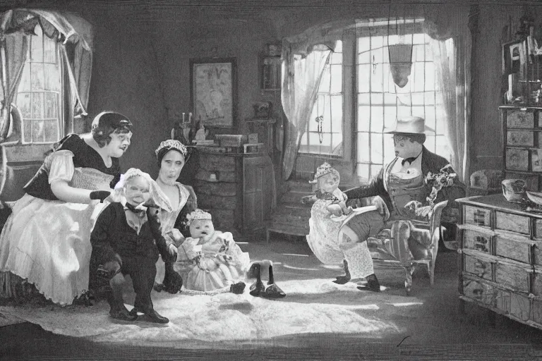 Image similar to charming and chubby parents and their very fat baby girl, wearing a polka dot cloths and a victorian - style hairdo, sits in the large and bright studio. sunlight enters through the barred window. modern etching style. beautiful lighting, 4 k post - processing, highly detailed, 5 k extremely detailed, 3 d. cinematic scene.