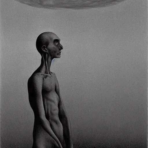 Image similar to an oil painting of an average person in a long dream by Zdzisław Beksiński and junji ito