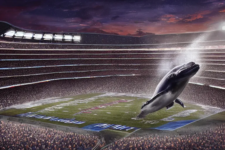 Prompt: a humpback whale flying over the NFL Super Bowl Stadium cinematic lighting by Jessica Rossier