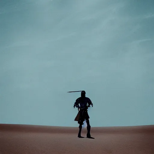 Prompt: lonely knight in desert, praying to god, by Samori Nicola