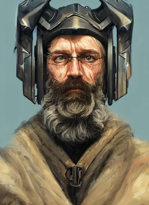 Image similar to Portrait of John Brown from Torrington with a long beard wearing futuristic power armor, fantasy, intricate, highly detailed, digital painting, trending on artstation, sharp focus, illustration, style of Stanley Artgerm and Dan Mumford