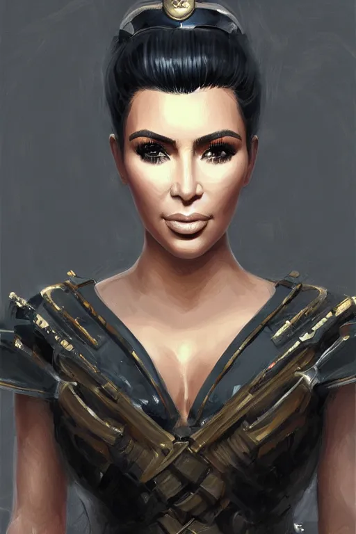 Image similar to a professionally painted portrait of Kim Kardashian, clothed in military armor, intricate, elegant, digital painting, trending on Artstation, concept art, smooth, sharp focus, illustration, from Metal Gear by Ruan Jia and Mandy Jurgens and Artgerm and William-Adolphe Bouguerea, award winning