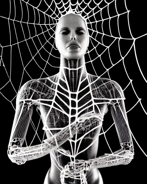 Image similar to black and white cyborg-plant goddess high quality photo, artificial intelligence, bio-mechanical bio-luminescence, artificial complex spider web, neurons, nerve cells, octane render, cinematic, rim light, hyper realism, photo-realistic, high detail, 8k, in the style of Steven Meisel and Dora Maar and H.G. Giger