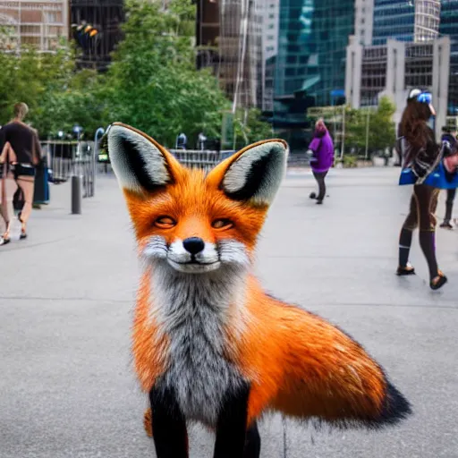 Prompt: portrait of a fox fursuiter posing for the camera at a furry convention, outdoors in the city, realisitc photo