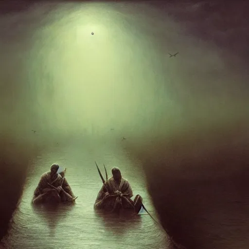 Image similar to ferrying deceased souls across the river and into the underworld, beksinski, dariusz zawadzki, very coherent symmetrical artwork. cinematic, hyper realism, high detail, octane render, 8 k