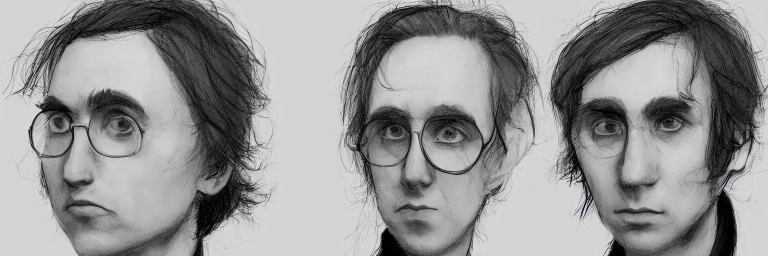 Image similar to character study of paul dano and tim burton, clear faces, emotional, character sheet, fine details, concept design, contrast, kim jung gi, pixar and da vinci, trending on artstation, 8 k, full body and head, turnaround, front view, back view, ultra wide angle